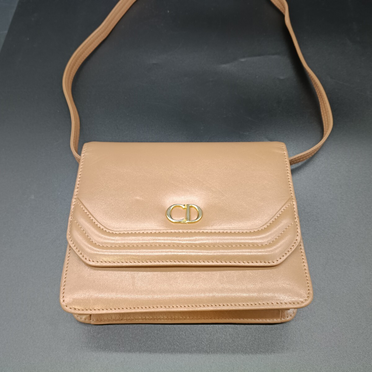 8-21 Christian Dior クリスチャンディオール CDロゴ ショルダーバッグ レザー ベージュ 19×16cm ヴィンテージ 中古