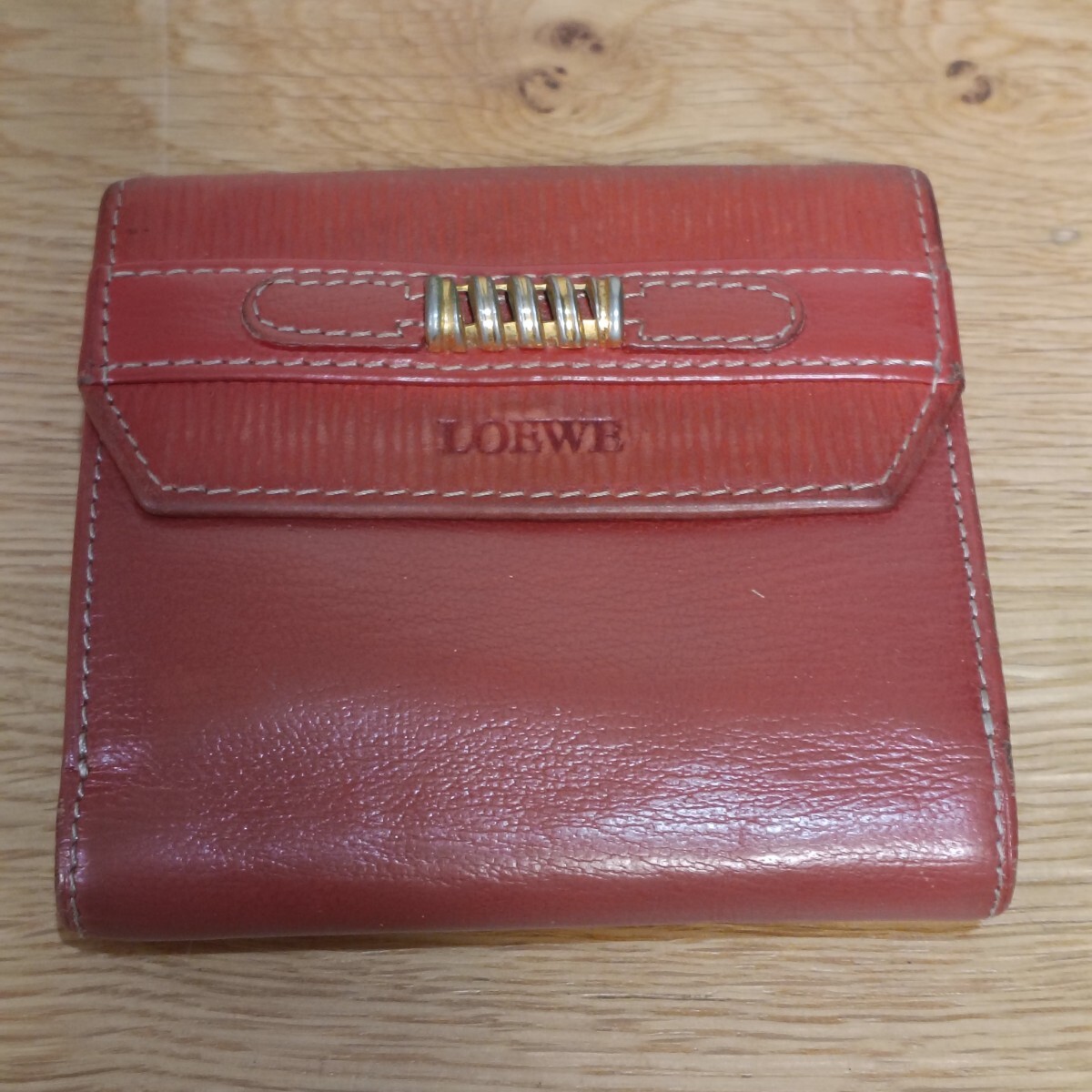 TNG3 LOEWE ロエベ 二つ折り財布 レザー レッド系 ヴィンテージ コンパクトウォレット 小銭入れ付