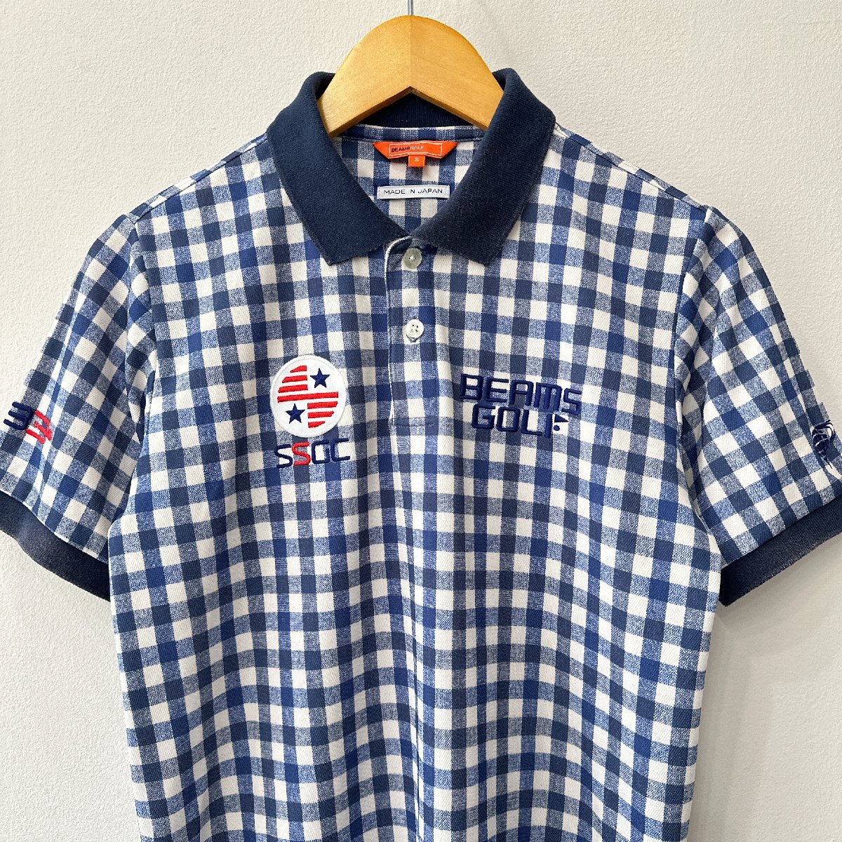 BEAMS GOLF ビームスゴルフ ギンガムチェック柄 刺繍 半袖ポロシャツ サイズS /ネイビー系 メンズ 日本製 ゴルフウェア