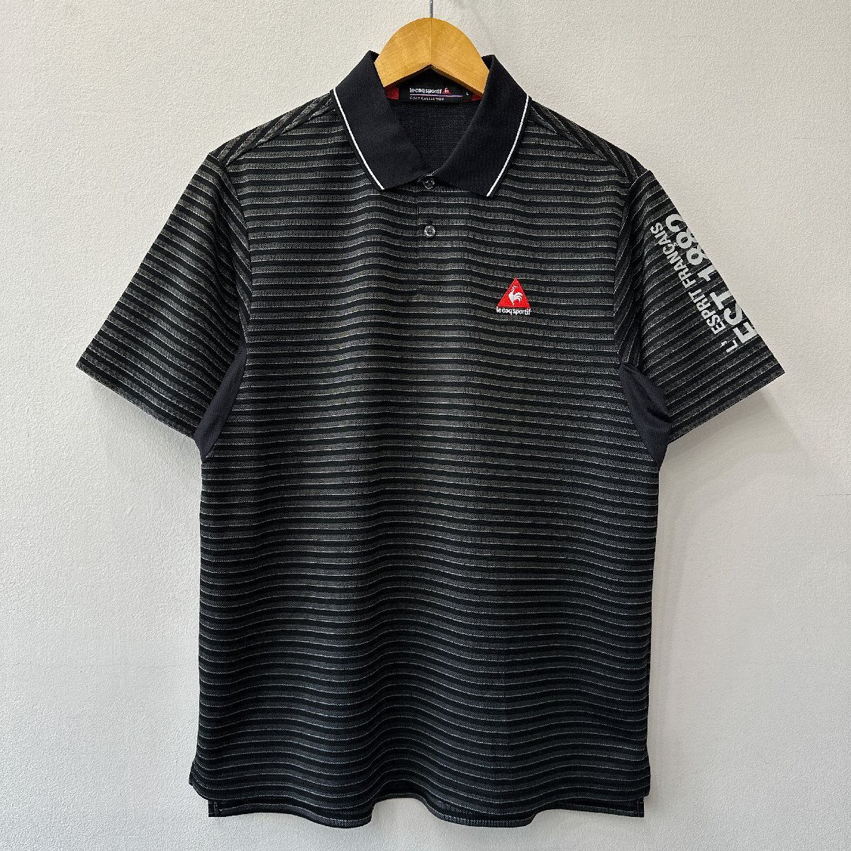 le coq sportif ルコックスポルティフ ボーダー柄 ロゴ刺繍 半袖ポロシャツ サイズL /ブラック系 メンズ ゴルフウェア デサント