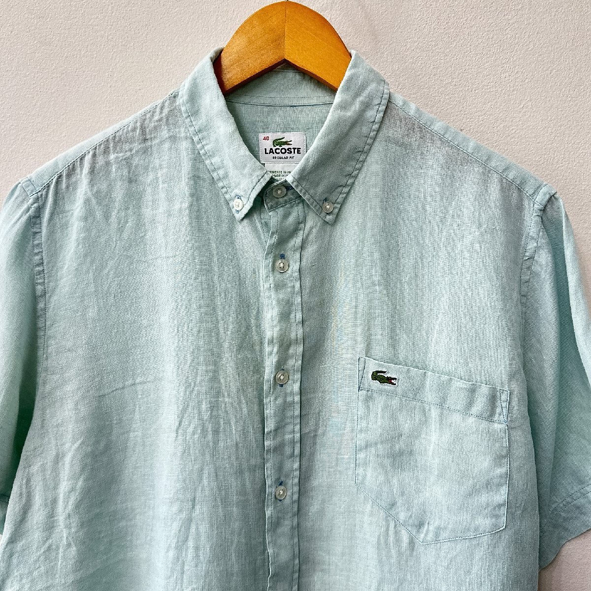 LACOSTE ラコステ ワニロゴ刺繍 リネン100% ボタンダウン 半袖シャツ サイズ40 /ライトグリーン系 メンズ 麻