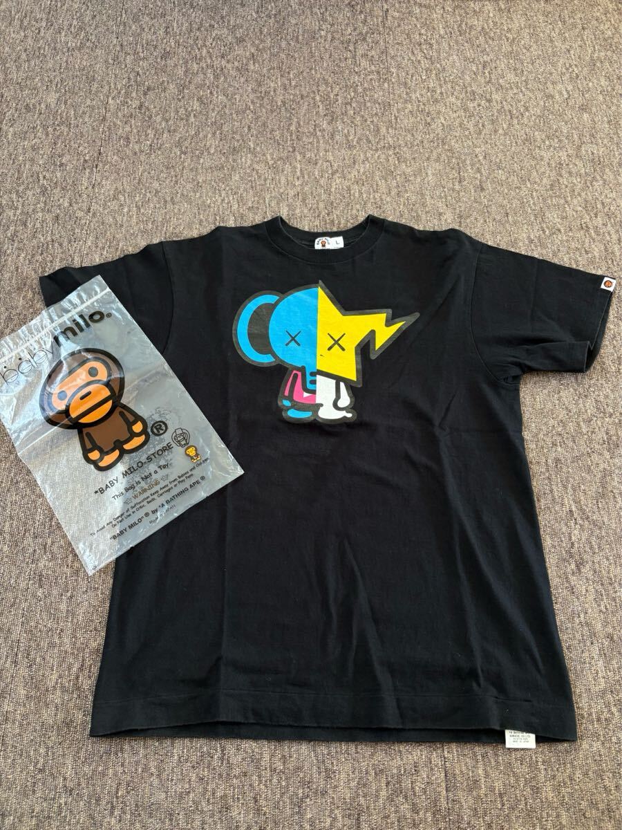 【希少】A BATHING APE × KAWS コラボ BABY MILO BENDY Tシャツ Lサイズ 黒 エイプ カウズ ベイビーマイロ アーカイブ 初期