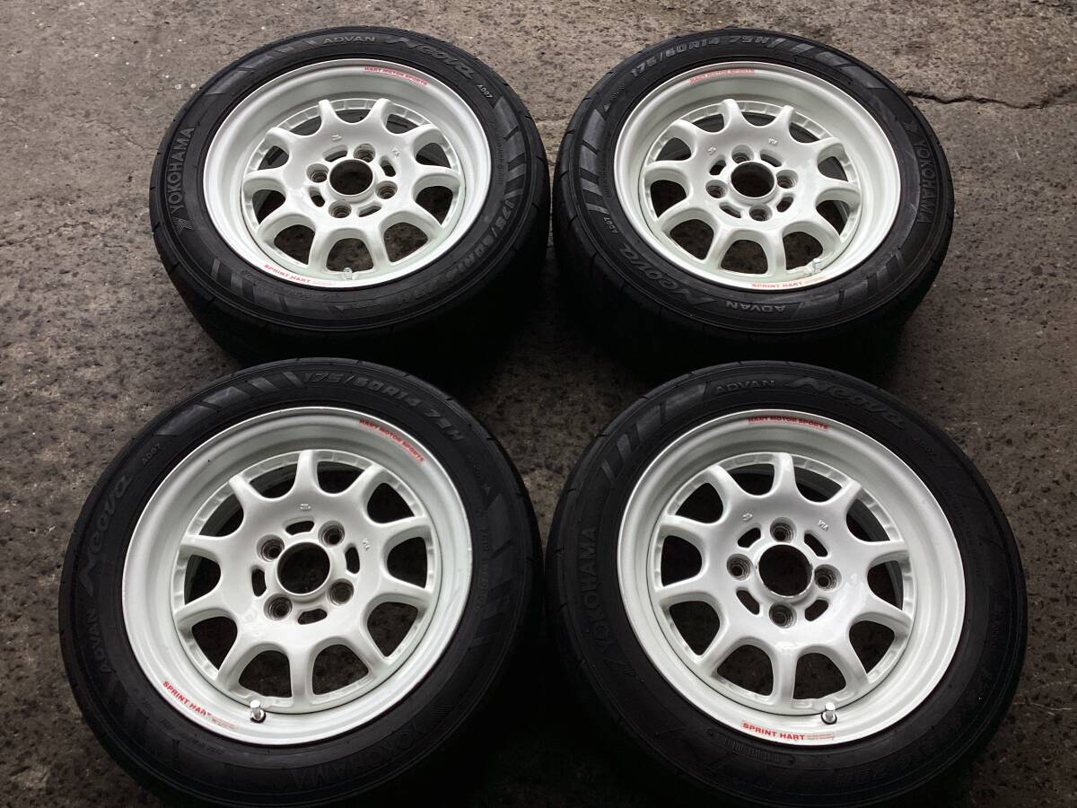 M9723 当時物 スプリントハート 6J +35 100 4H 14インチアルミ＆175/60R14 ネオバ AD07 夏タイヤ4本 緩衝材及びエア漏れ点検用