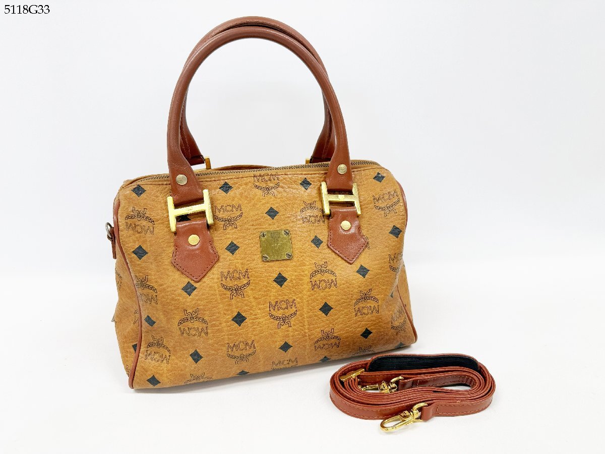 MCM エムシーエム ヴィセトス ミニ ボストンバッグ ハンドバッグ ショルダー レザー ブラウン系 ゴールド金具 レディース 鞄 5118G33.