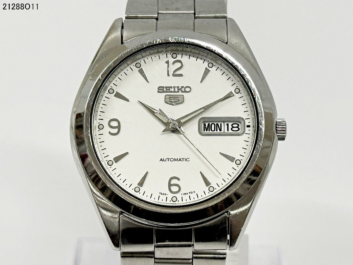 稼働品 SEIKO セイコー 5 ファイブ 7S26-0440 21石 自動巻き 裏スケ デイデイト シルバー メンズ 腕時計 純正ベルト 21288O11-16