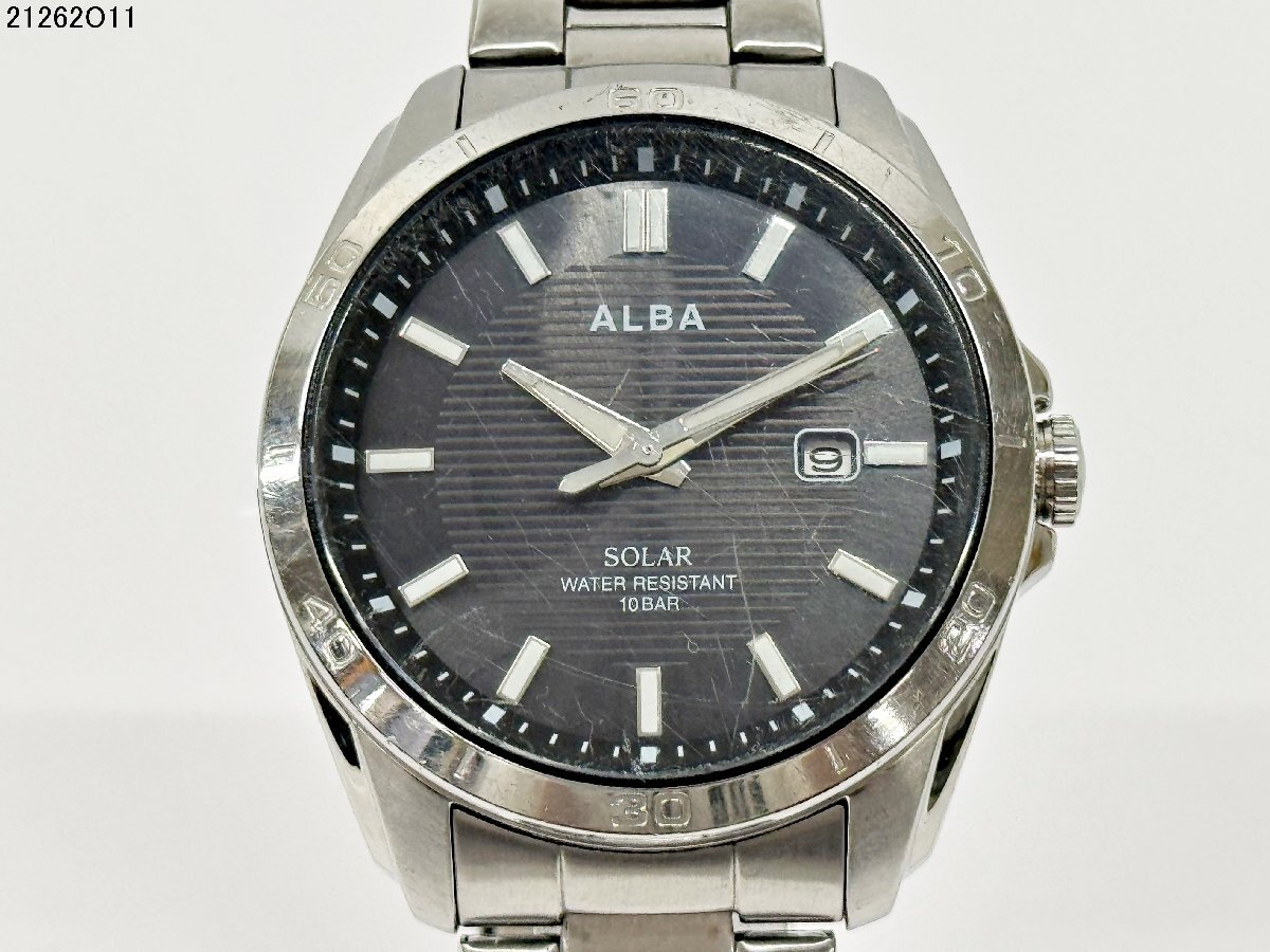 稼働品 SEIKO セイコー ALBA アルバ AS32-KVD0 ソーラー デイト ブラック文字盤 シルバー メンズ 腕時計 純正ベルト 21262O11-14