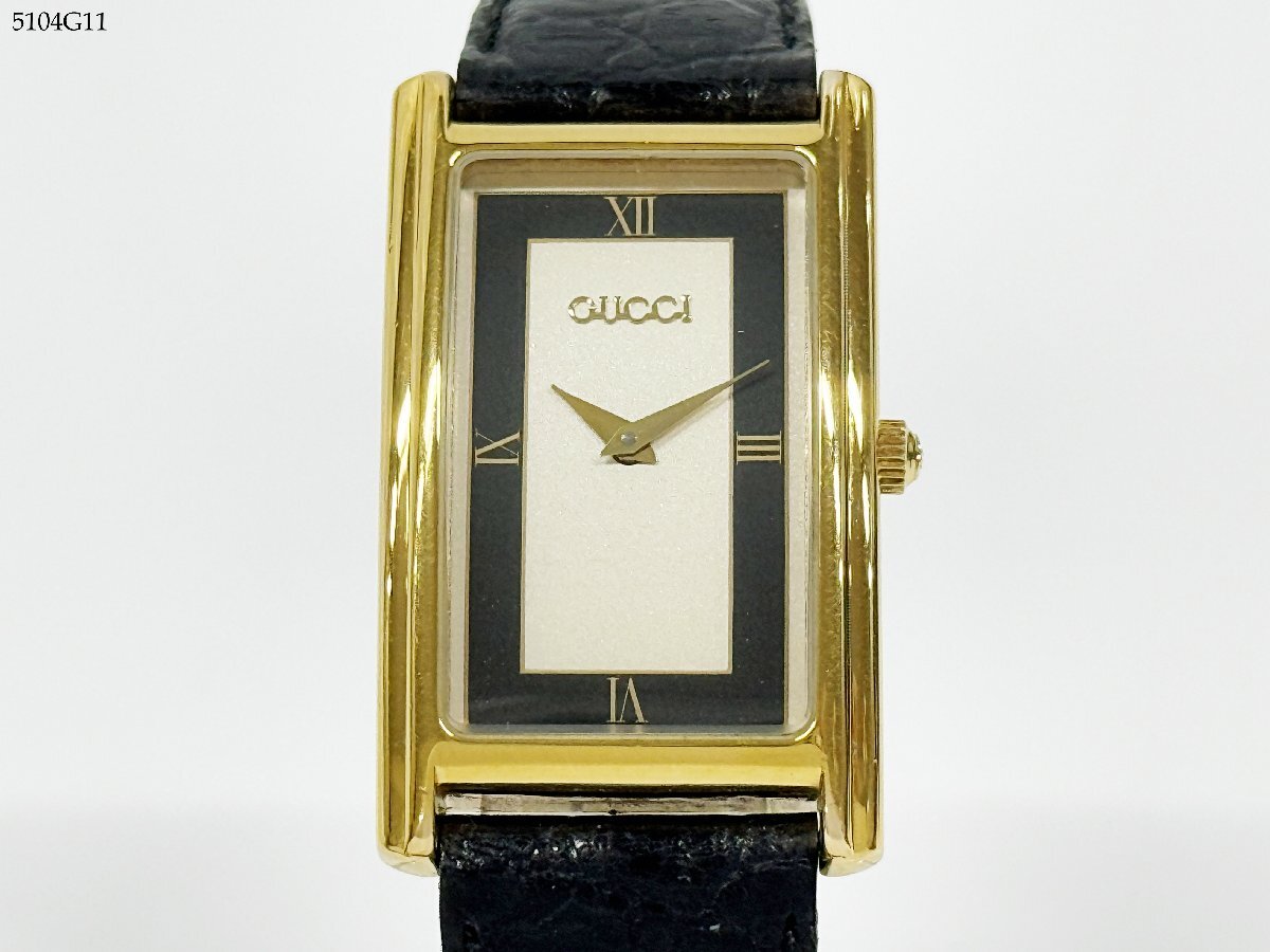 稼働品 GUCCI グッチ 2600M クォーツ 2針 ゴールド レクタンギュラー 腕時計 純正ベルト 電池交換済 5104G11