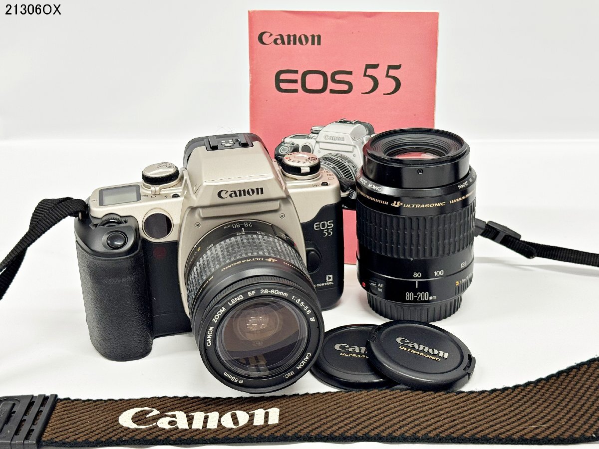 シャッターOK Canon キャノン EOS 55 EF 28-80mm 1:3.5-5.6 Ⅳ 80-200mm 1:4.5-5.6 イオス 一眼レフ フィルムカメラ 説明書付 21306OX-11