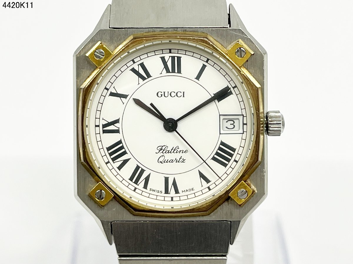 GUCCI グッチ Flatline フラットライン 5079W クォーツ デイト 3針 コンビカラー ホワイト文字盤 レディース 腕時計 純正ベルト 4420K11-15