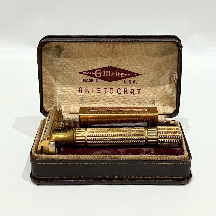 ■Gillette ジレット ARISTOCRAT アリストクラット 金メッキ T字カミソリ 髭剃り 替え刃付 USA製 計1点【買取まねきや】