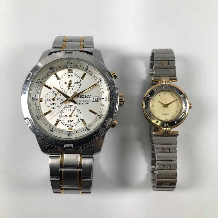■SEIKO セイコー クロノグラフ シルバー文字盤 4T57-00B0 NOEVIR ローマ文字ベゼル 6L32-D872 腕時計 不動 計2点【買取まねきや】