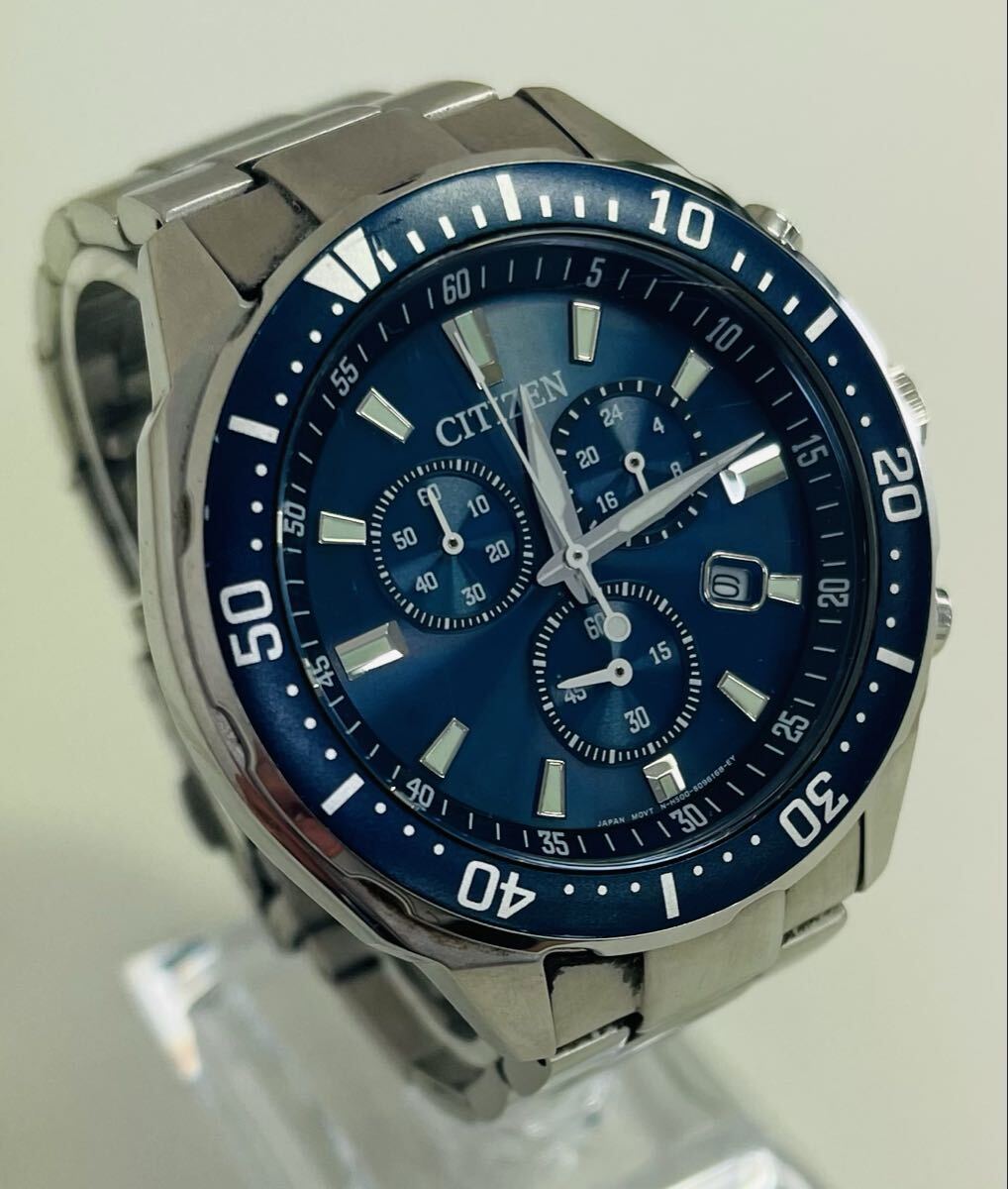 シチズン CITIZEN H500-S064597 エコドライブ ソーラー ブルー文字盤 1円スタート 不動品 腕時計 メンズ クロノグラフ 腕周り約15.5cm