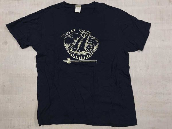 和柄 豊天商店 BUDEN SHOUTEN ブデンショウテン 天丼 イラスト半袖 おもしろ Tシャツ カットソー 紺 LLメンズ 綿100%