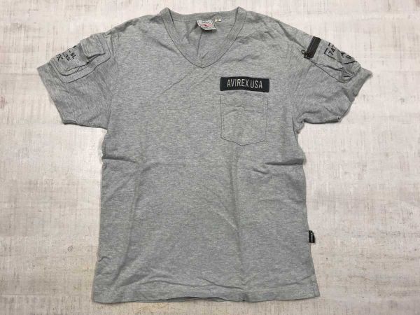 ミリタリー AVIREX USA アヴィレックス ロゴパッチ 袖ポケット 半袖 Tシャツ カットソー グレー M メンズ