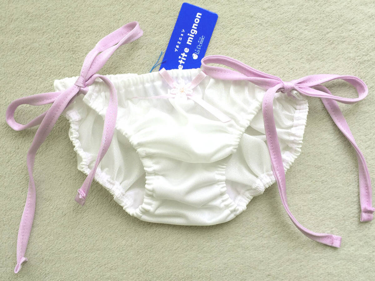 【ラ・ポーム/日本製】くしゅくしゅスキャンティ★すべすべ光沢トリコット★カラフルひもフルバック/白×パープル/Mサイズ/新品♪