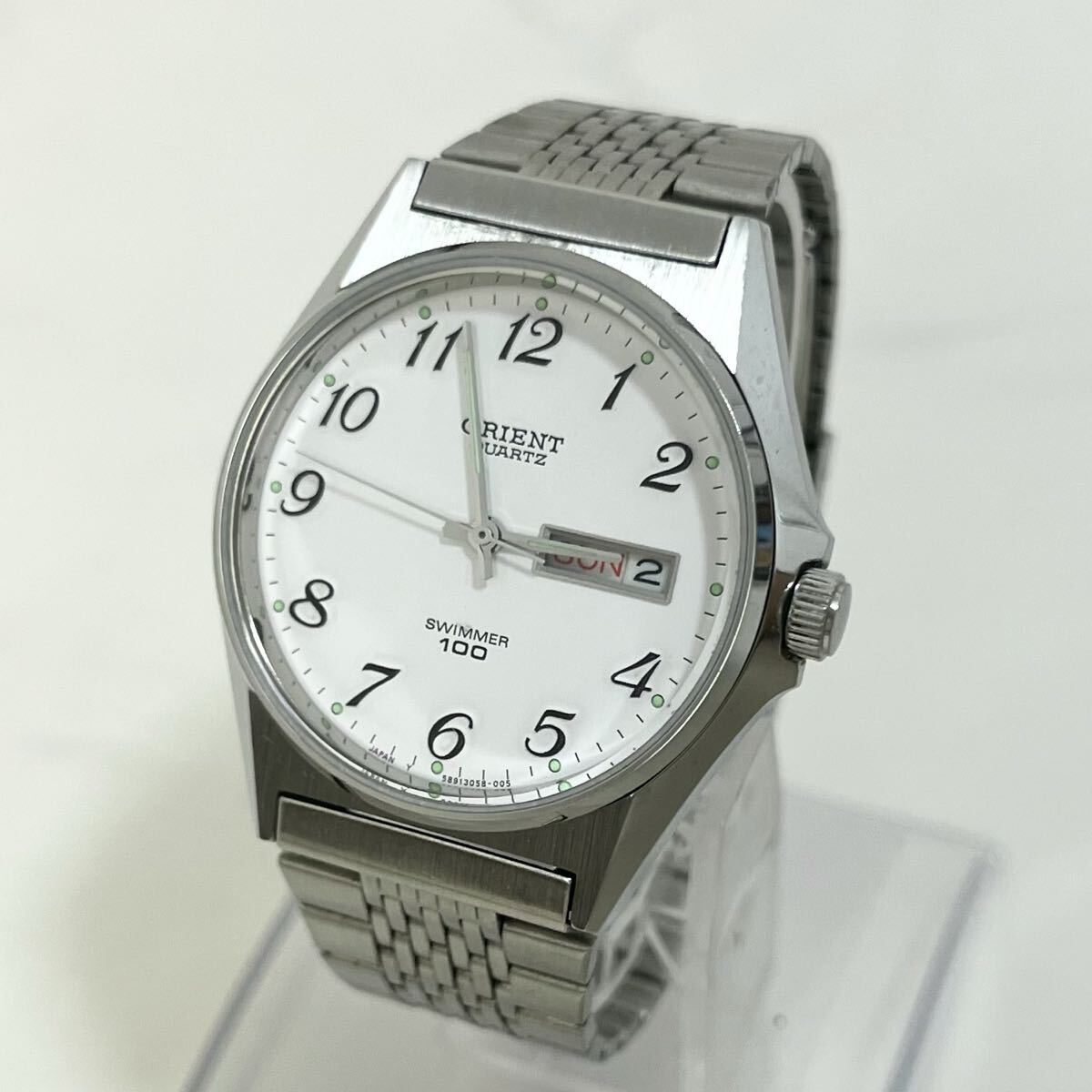 【実働】 ORIENT 6 589305-80 CA SWIMMER 100 オリエント デイデイト 白文字盤 アナログ クオーツ ヴィンテージ 腕時計 ウォッチ 稼動品