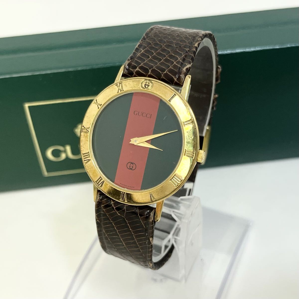 【実働】 GUCCI 3001M グッチ シェリーライン 文字盤 アナログ クオーツ ヴィンテージ ゴールド メンズ 腕時計 ウォッチ 箱付き 稼動品