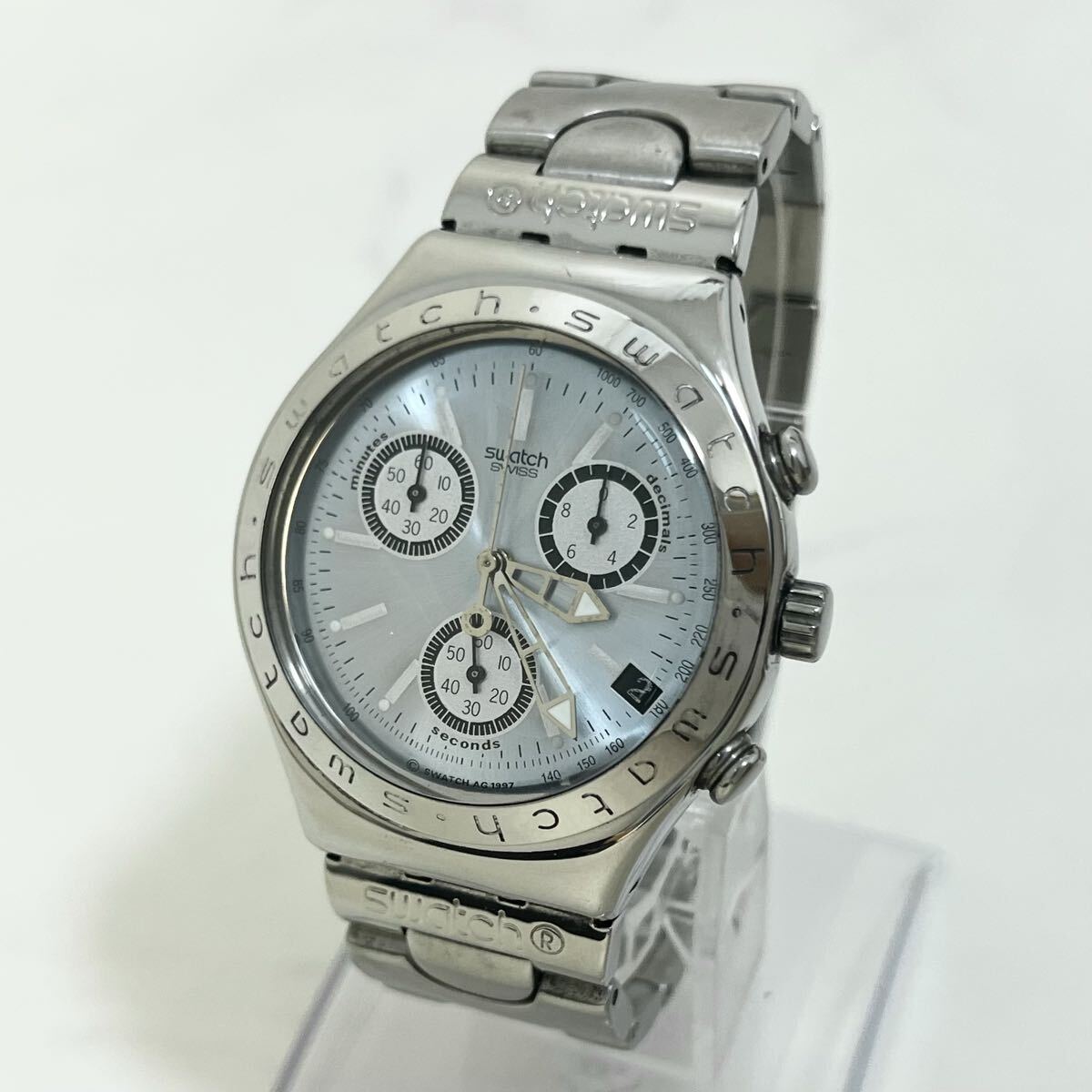 【実働】 SWATCH IRONY スウォッチ アイロニ 水色文字盤 アナログ クオーツ クロノグラフ シルバー メンズ 腕時計 ウォッチ 稼動品