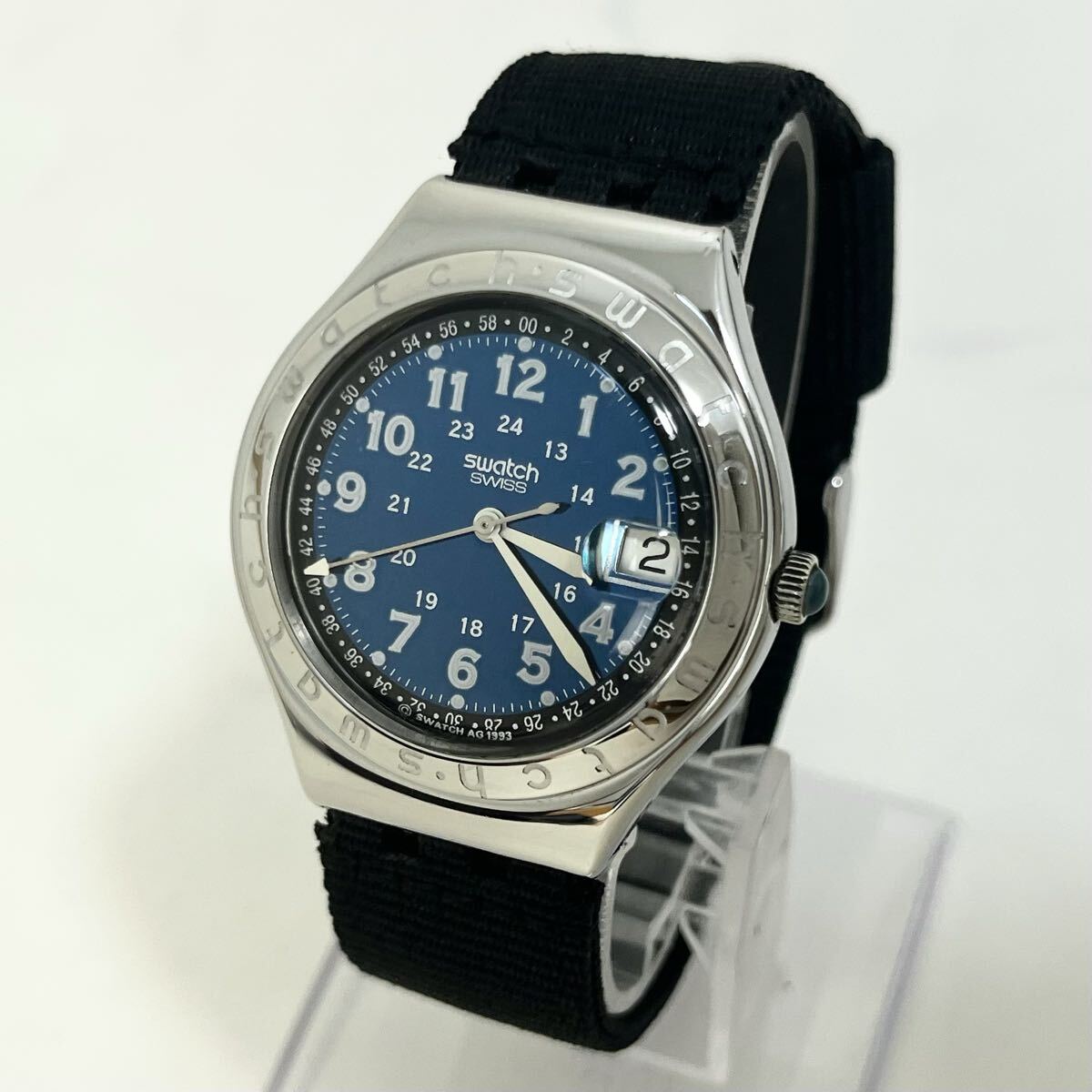 【実働】 SWATCH スウォッチ デイト アナログ クオーツ 青文字盤 ブルー メンズ ブラックベルト 腕時計 ウォッチ シルバー 稼動品