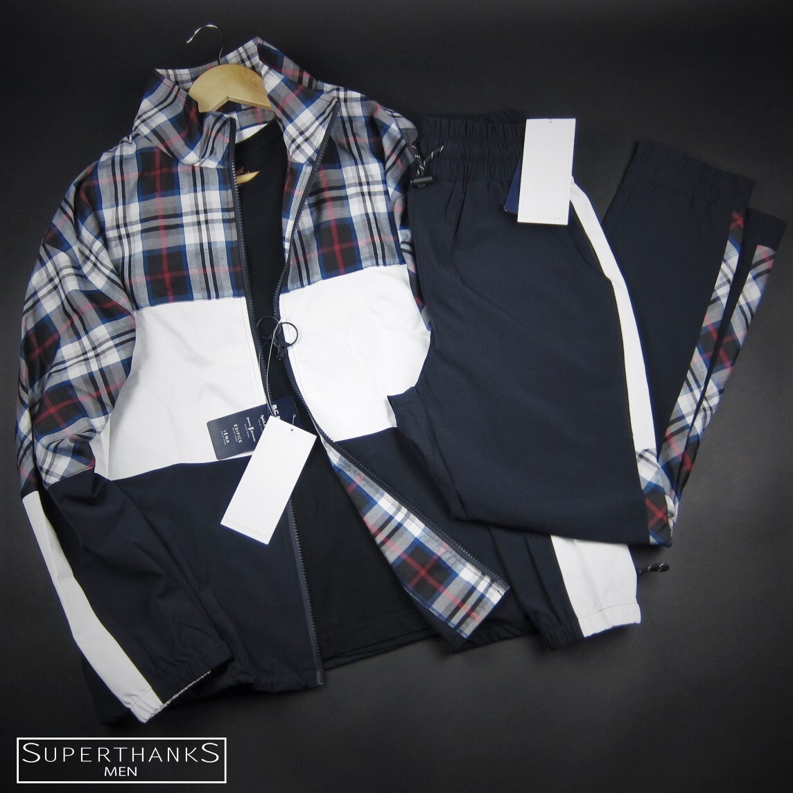 新品 ★ SUPERTHANKS スーパーサンクス サイドライン チェック切り替え ブルゾン・パンツ セットアップ 番組衣装 902.903/紺/【M】