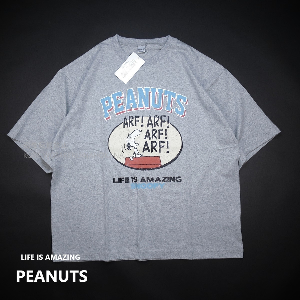 新品 ■ PEANUTS SNOOPY ピーナッツ スヌーピー ヴィンテージプリント 半袖 Tシャツ LIFE IS AMAZING 1523/杢グレ-/【L】
