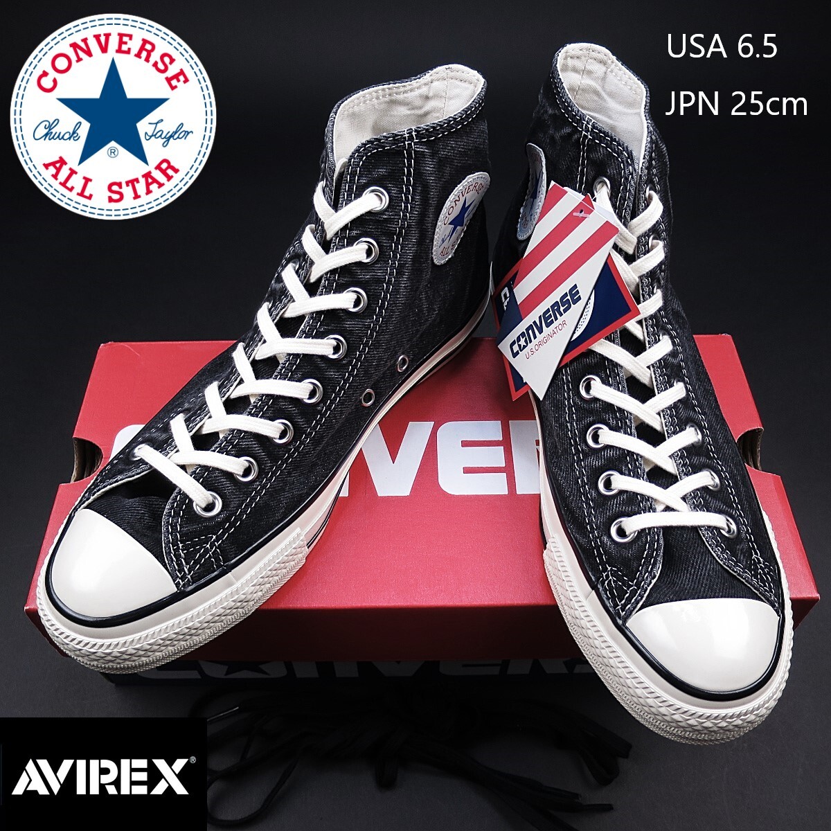 新品 ★ AVIREX アヴィレックス アレンジモデル CONVERSE コンバース オールスター US エイジドデニム HI 201/USA 6.5/JPN 25㎝/14,300円
