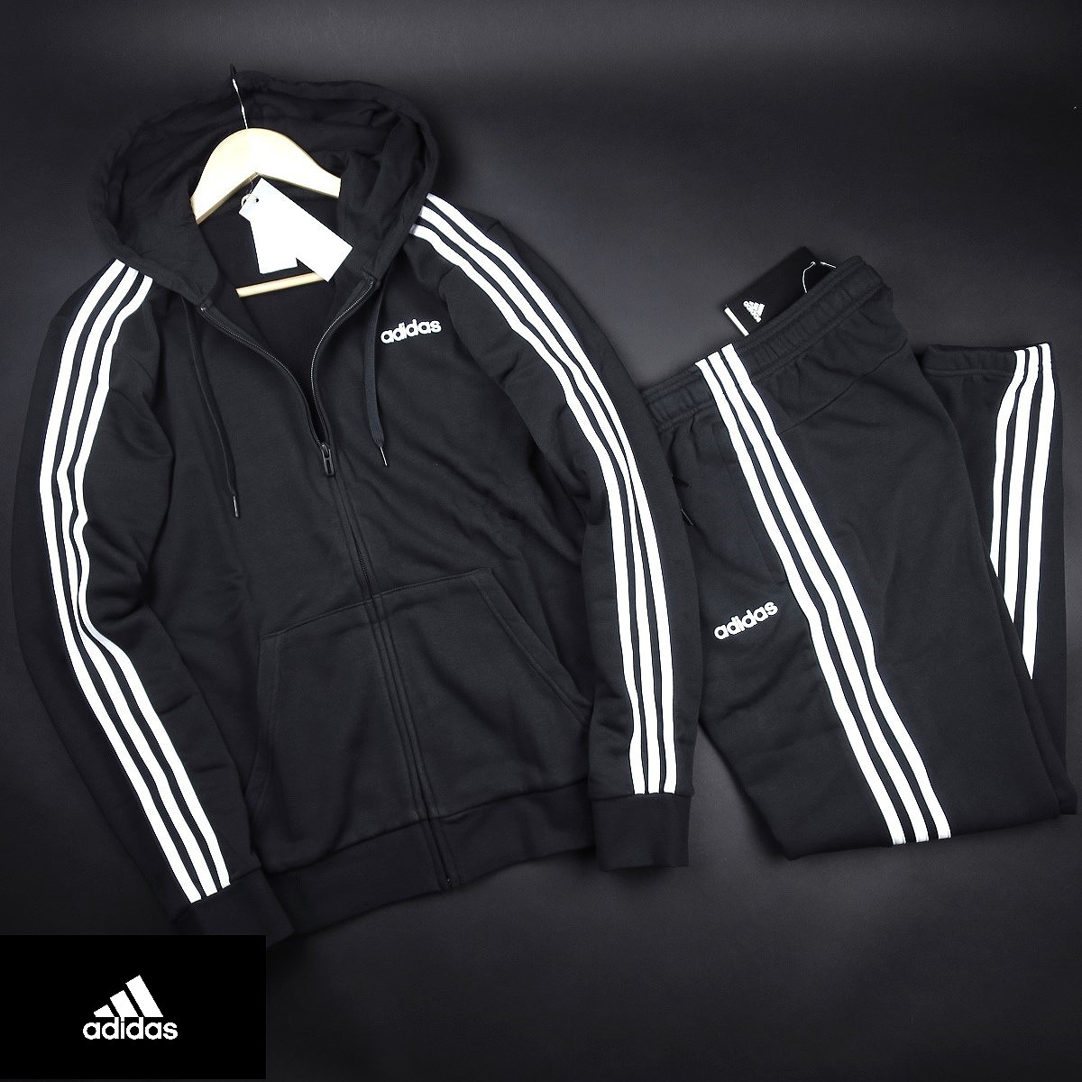 新品 ★ アディダス adidas フレンチテリー スリーストライプス フルジップパーカーパンツセットアップG91・G26/102・078黒/O【XL】