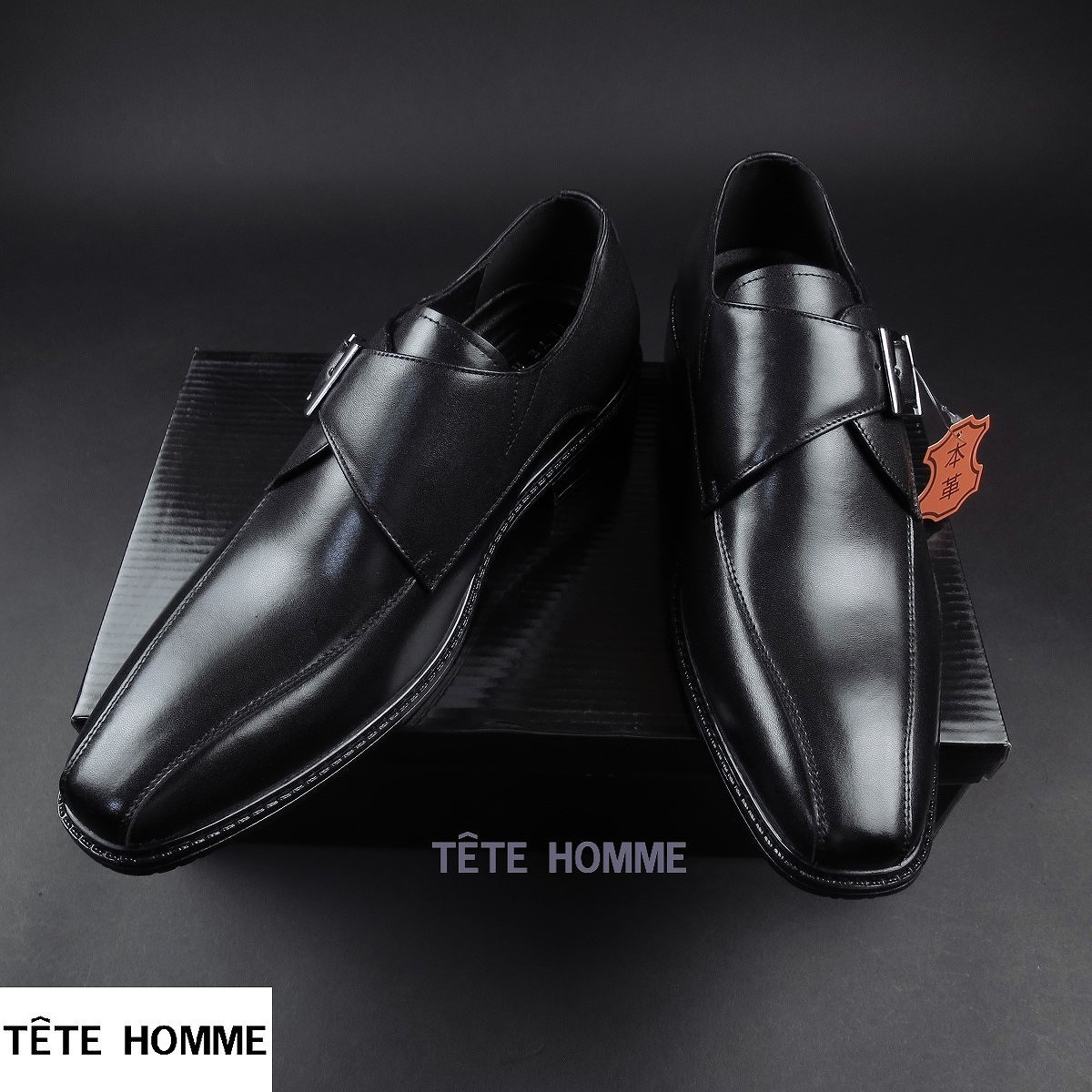 新品 ★ TETE HOMME テットオム カウレザーシングルモンクストラップドレスシューズ5302/912黒/25ｃｍ
