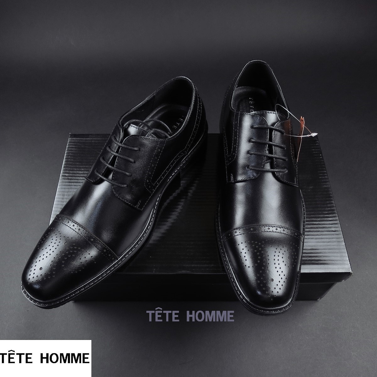 新品 ★ TETE HOMME テットオム カウレザーセミブローグドレスシューズ5302/001黒/25ｃｍ