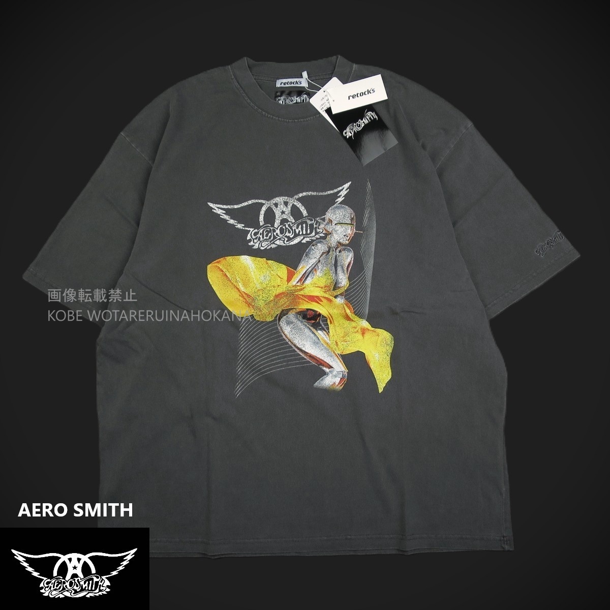 新品 ■ retock's AERO SMITH エアロスミス ヴィンテージライク ピグメント加工 バンドTシャツ バンT 801 /【L】