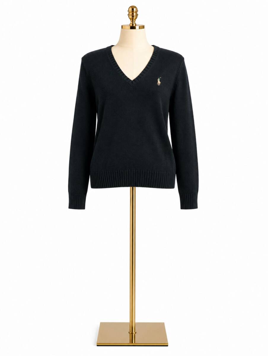 AS347/POLO by Ralph Lauren/ポロラルフローレン/コットンニット/ブラック/ワンポイント/ポニー刺/トップス/Lサイズ/レディース