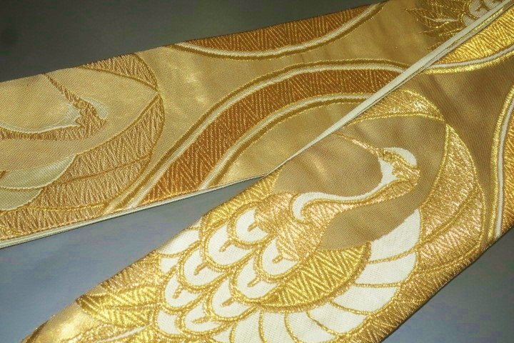 壱日2631 男角帯 本絹交ぜ織り金襴 角帯К立湧くに鶴の丸文様 新品