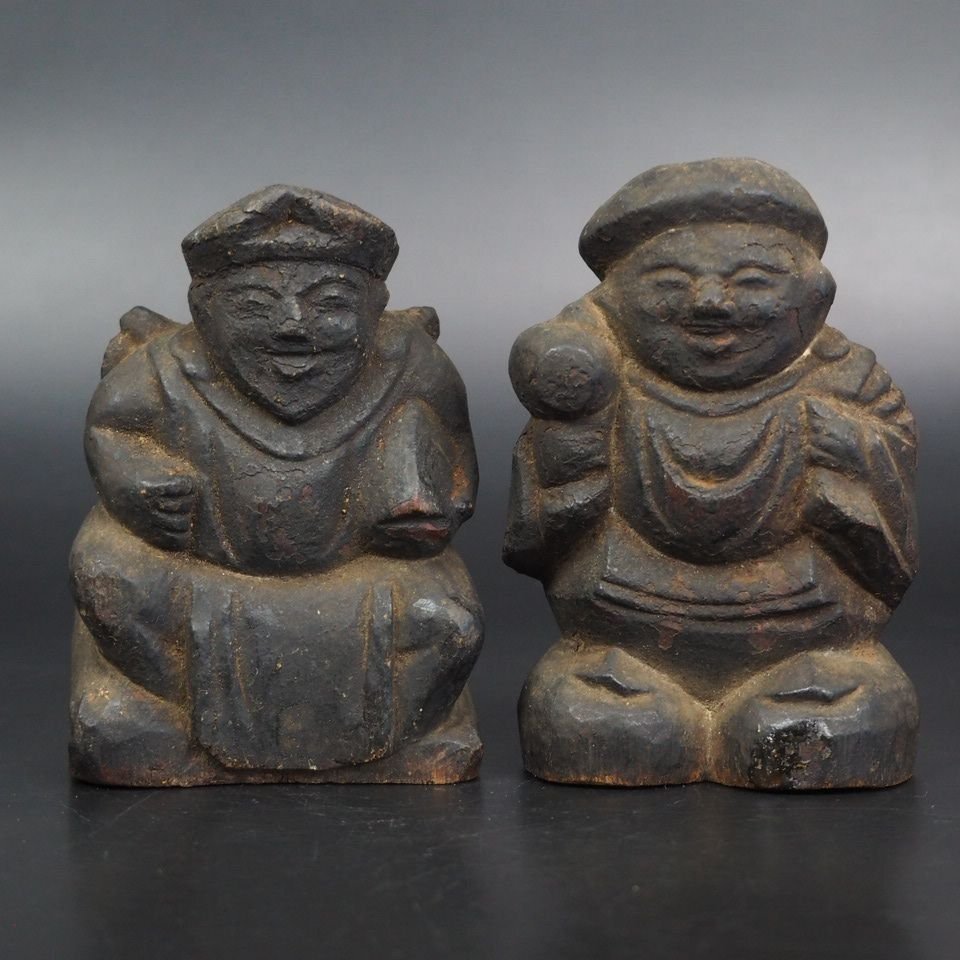 【金富士】値下げ中 非常に古い　木彫り大黒様恵比寿様　高さ９ｃｍ ★大珍品★　仏教美術　検/琥珀珊瑚翡翠仏像観音如来仏具