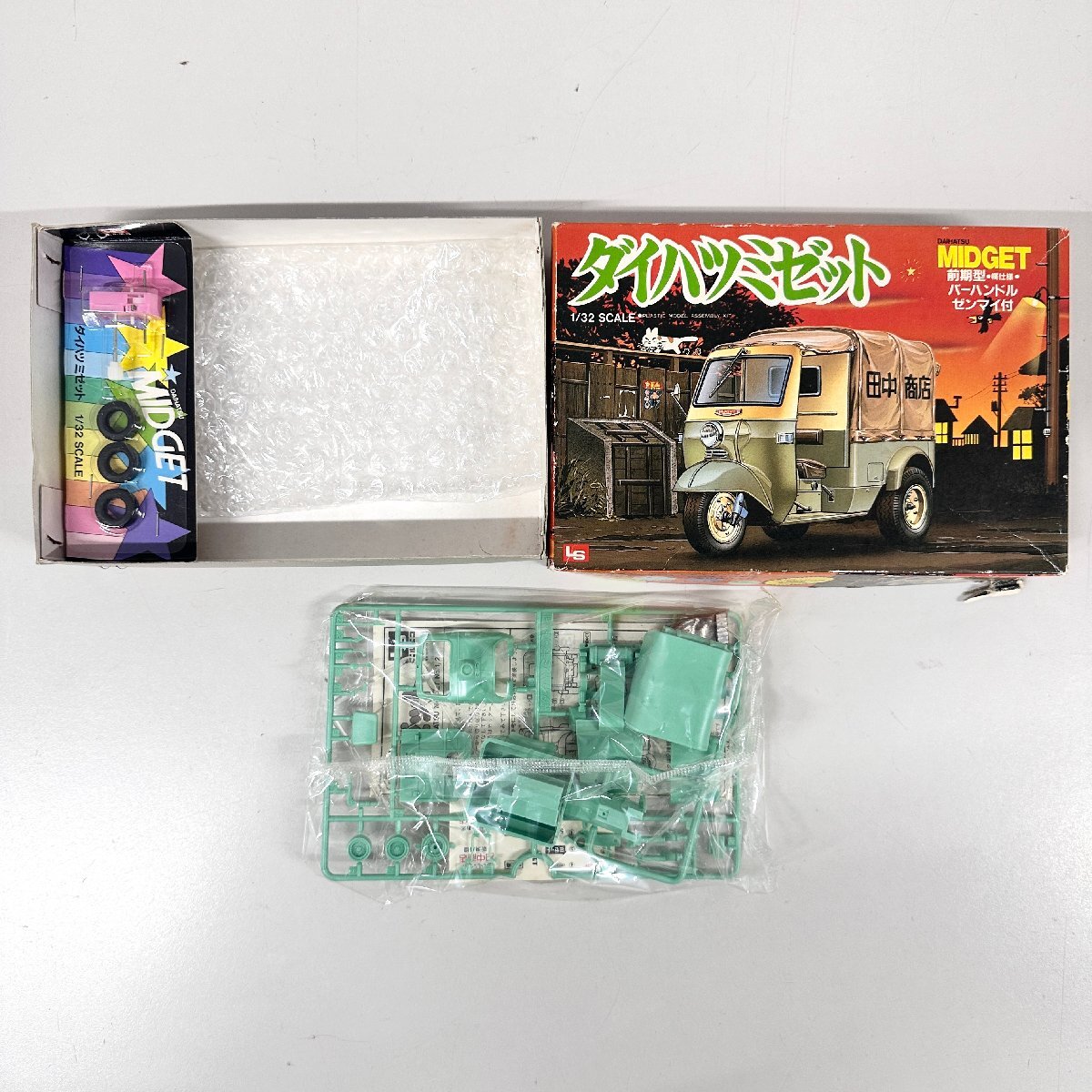 【80】 1円～ダイハツ ミゼット 前期型・幌仕様 バーハンドル ゼンマイ付 1/32スケールプラモデル 現状品