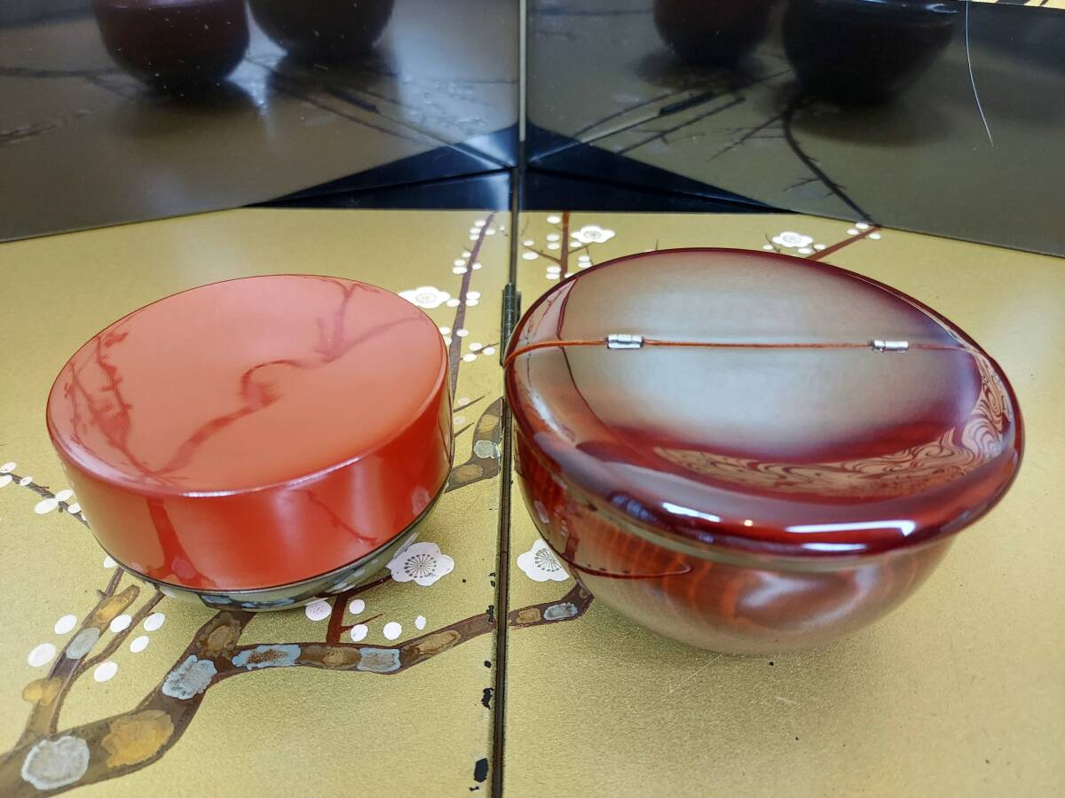 K12-0803 茶道具 薄茶器 棗 老松棗 割蓋 溜塗 甲赤棗 平形 2点 美品