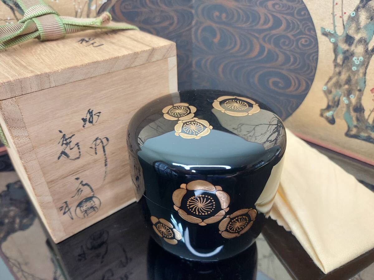 K18-0803 茶道具 山中塗 大棗 中谷秀斎 溢梅蒔絵 共布 共箱 美品 