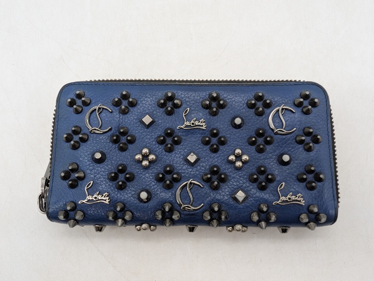 送料無料 Christian Louboutin クリスチャンルブタン パネトーネ レザー スタッズ ラウンドファスナー 長財布 ウォレット ブルー系 BLUE 青