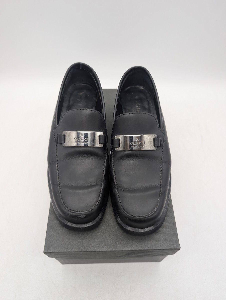 送料無料 グッチ GUCCI ローファー 革靴 レザー スクエアトゥ シルバーロゴプレート シルバー金具 5 1/2 B 24.5cm 黒 ブラック BLACK 