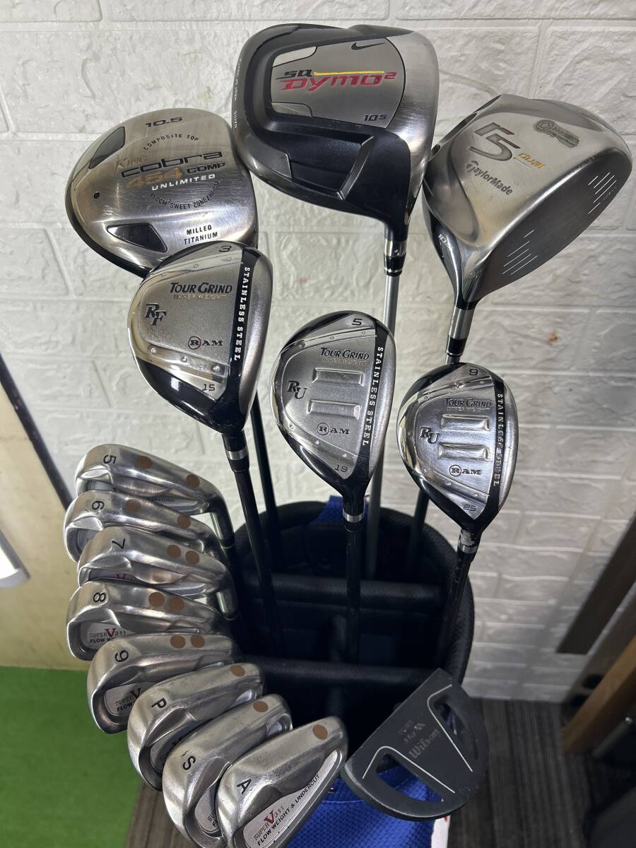 【ドライバー3本付!初心者応援一流ブランドゴルフセット】NIKE/TaylorMade/DUNLOP ナイキ他 全15本 フレックスR中心 バック付 初心者～