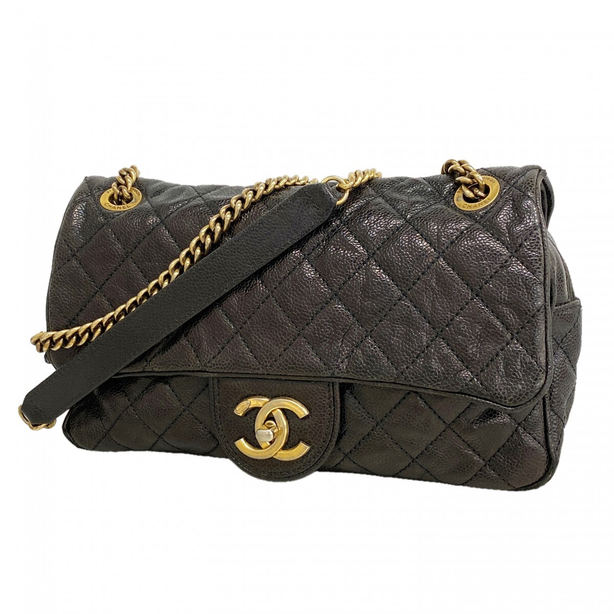 ★SALE 【6gd4235】シャネル ショルダーバッグ マトラッセ Wチェーン キャビアスキン ブラック ゴールド金具【中古】レディース