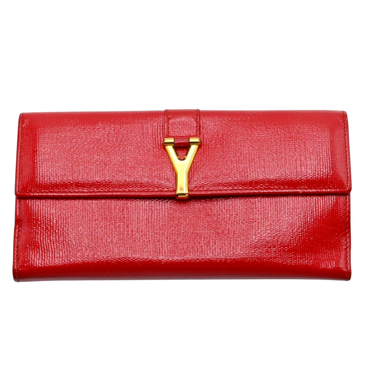 YVESSAINTLAURENT イヴサンローラン Yライン パテントレザー 両面ホック 長財布 レッド/ゴールド K2607-k093
