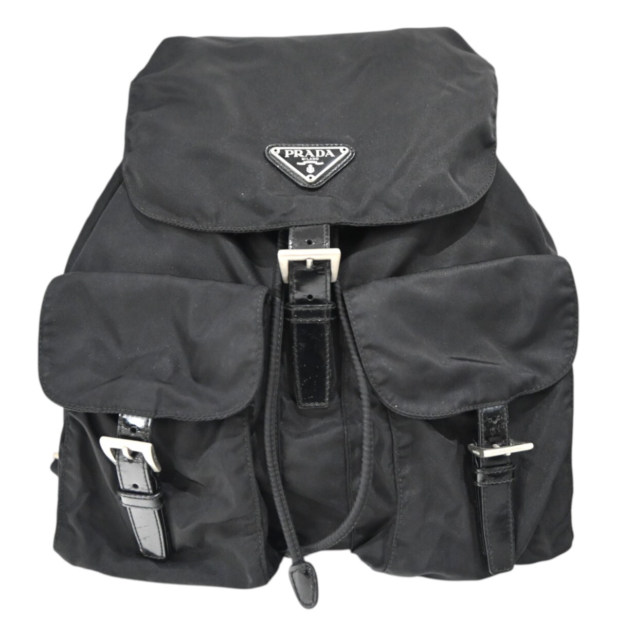 1000円～ PRADA プラダ ロゴプレート ナイロン/パテントレザ― バックパック リュック B2811F ブラック K2608-k021