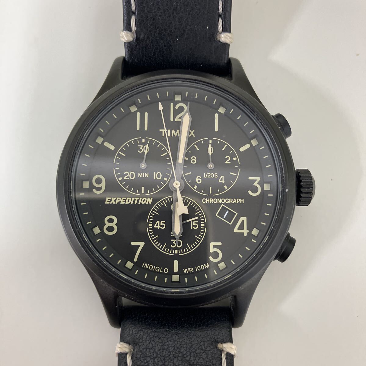 TIMEX タイメックス クォーツ 腕時計 EXPEDITION クロノグラフ INDIGLO WR100M ブラック レザーベルト 稼働品 アナログ