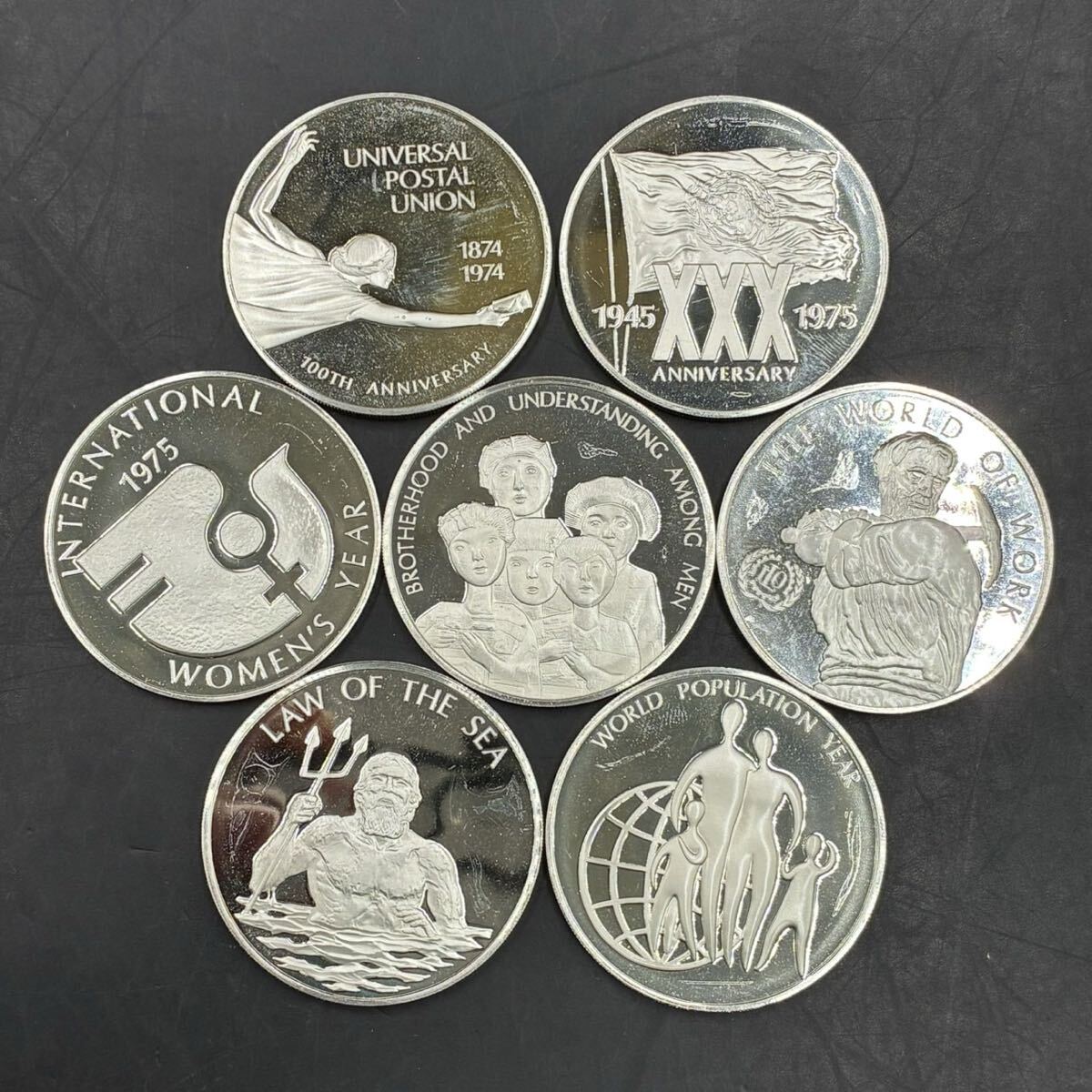 1円スタート 記念銀貨 sterling刻印有り 国際連合 LAW OF THE SEA 等 7点まとめ 総重量約164.5g N0826p