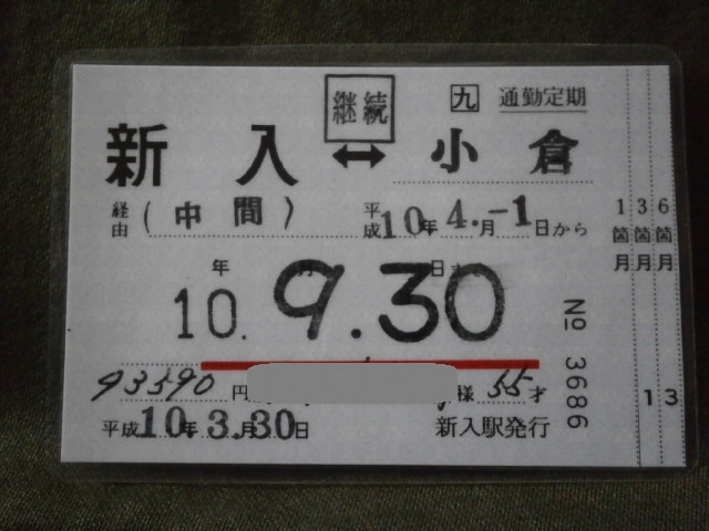 JR九州　新入駅発行 通勤定期券 新入⇔小倉