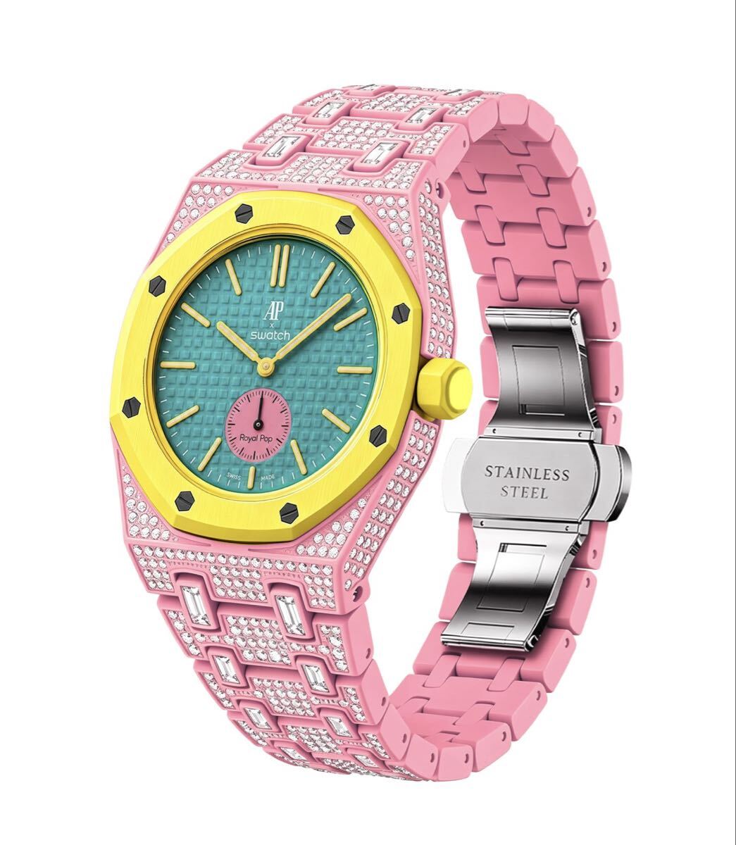 AP×Swatch ジルコニア装飾 カスタムモデル メタルベルト リューズ位置選択可 SK5