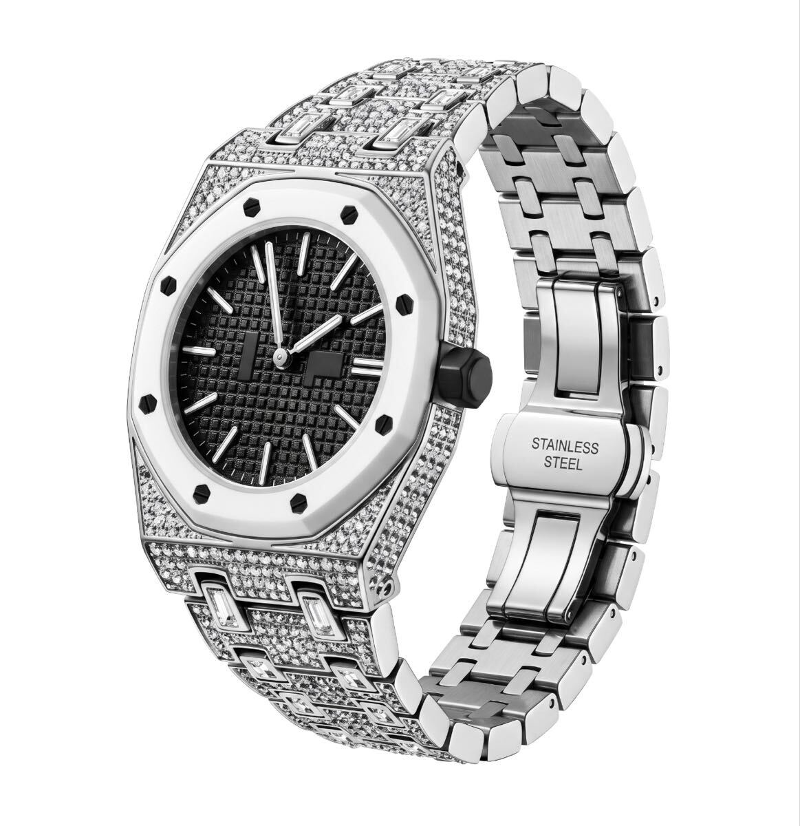 AP×Swatch ジルコニア装飾 カスタムモデル メタルベルト リューズ位置選択可 SK7