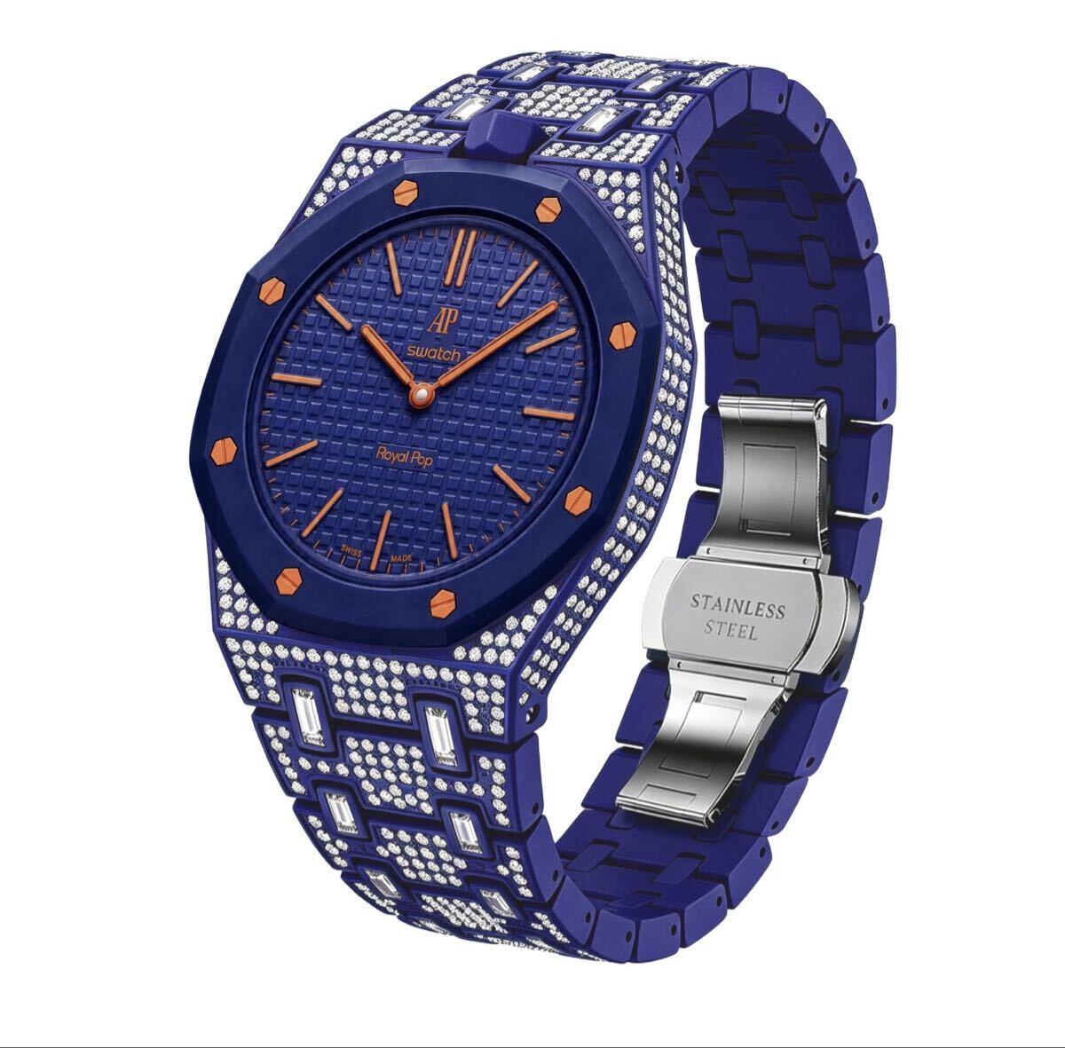 AP×Swatch ジルコニア装飾 カスタムモデル メタルベルト リューズ位置選択可 SK4
