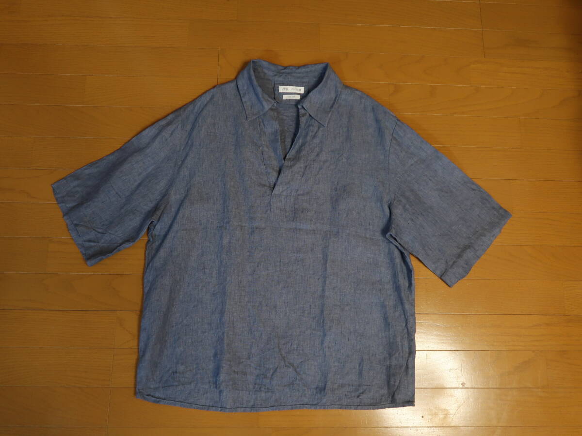 ☆ZARA リネンシャツ メンズ L(42) 美品 100%リネン スキッパー ポロシャツ カプリシャツ ザラ☆