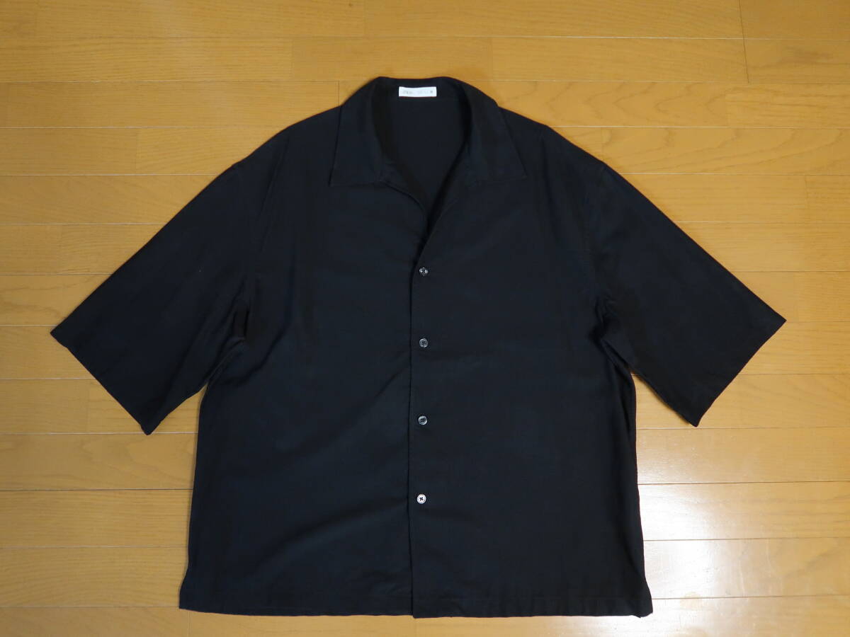 ☆ZARA MEN リラックスフィット フルイド　オープンカラー シャツ メンズ L (42) 黒 美品 リヨセル素材 半袖シャツ ザラ 流れるような生地